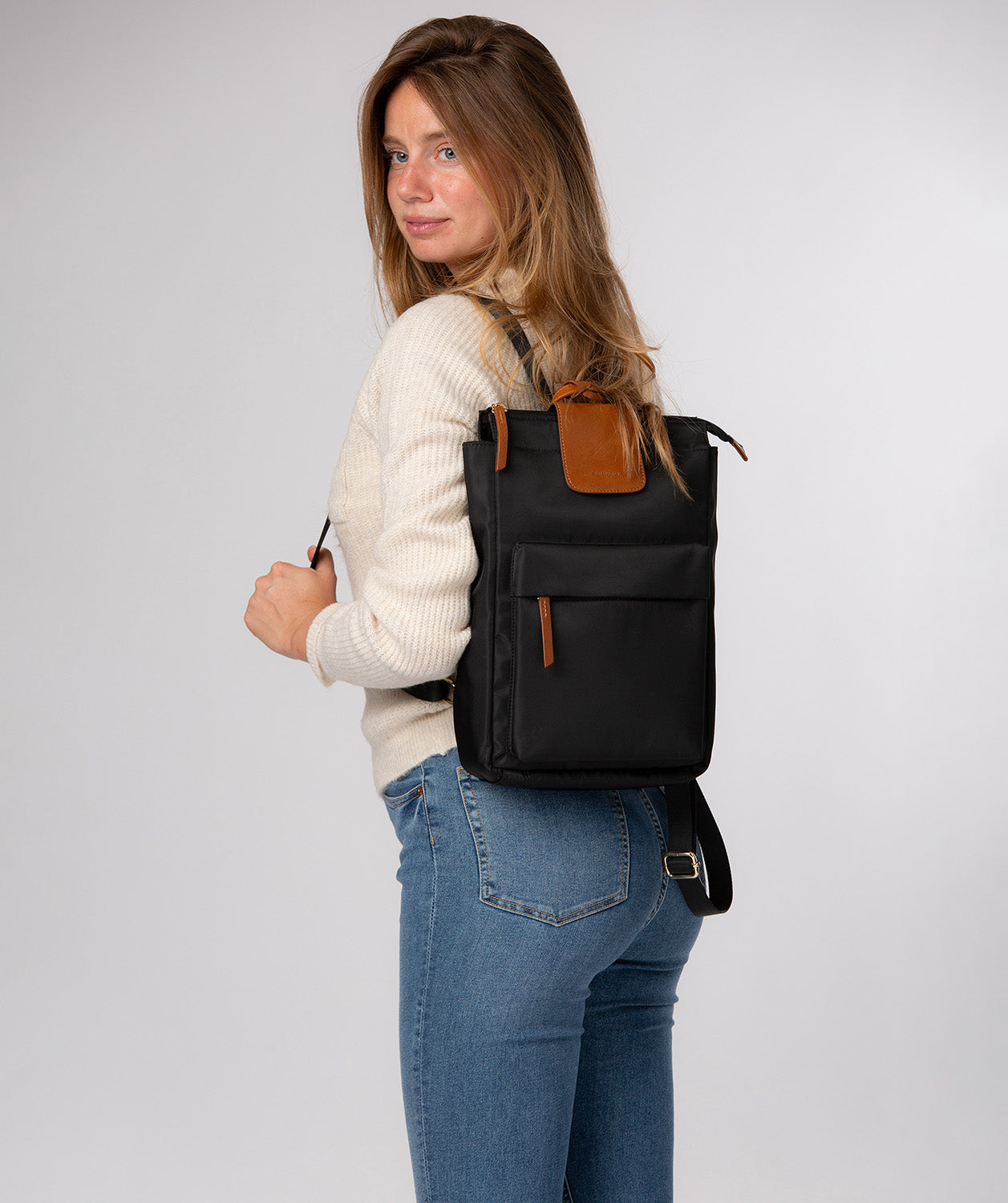 'Fabienne' Black & Cognac Canvas & Leather Backpack
