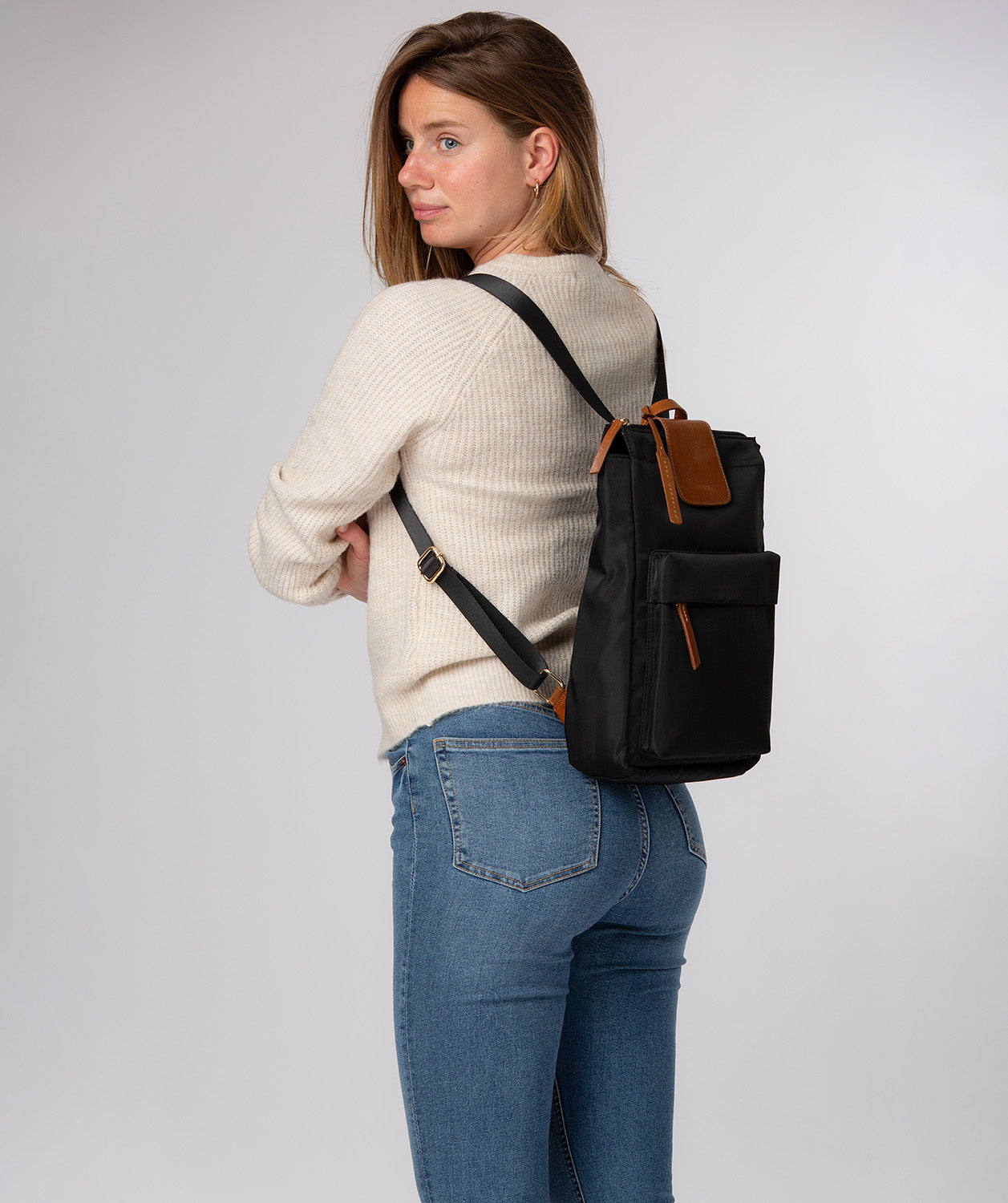 'Fabienne' Black & Cognac Canvas & Leather Backpack