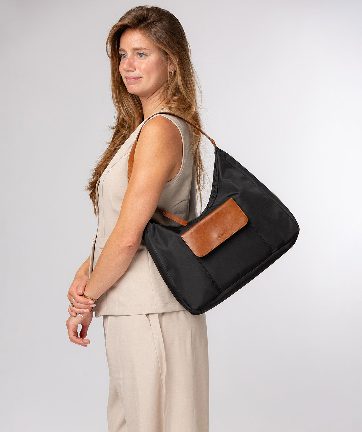 'Mireille' Black & Cognac Canvas & Leather Shoulder Bag