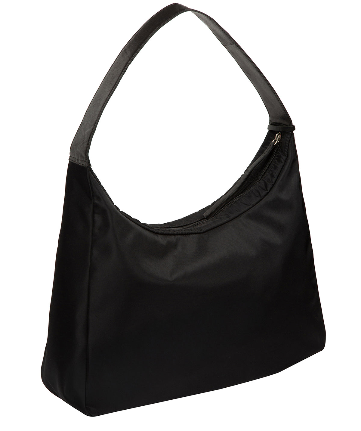 Crescent-shaped zip-over opening and structured silhouette