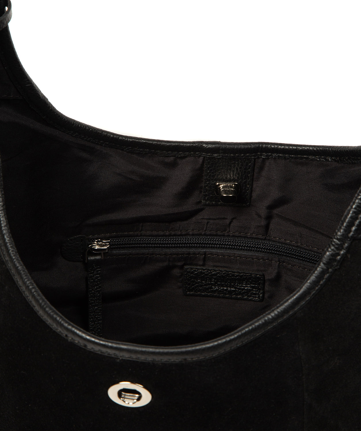 Single suede and leather shoulder strap close-up
