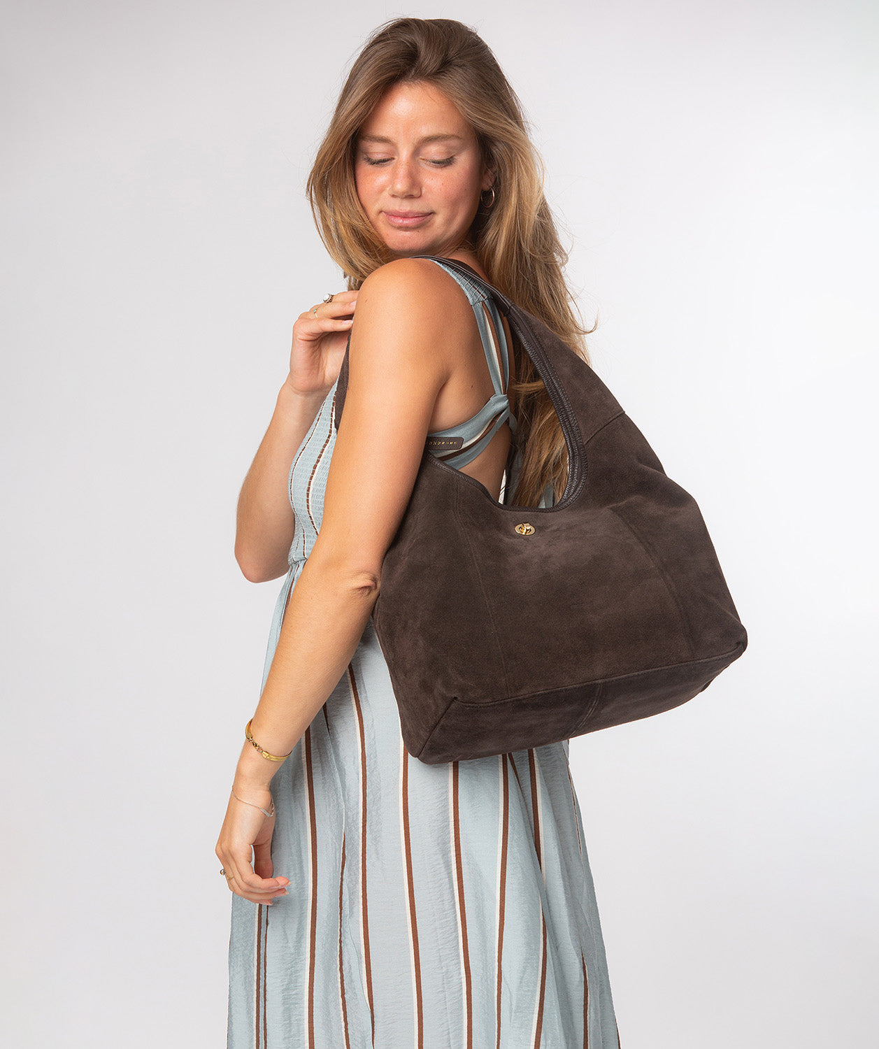 Pure Luxuries Polly espresso suede shoulder bag front view