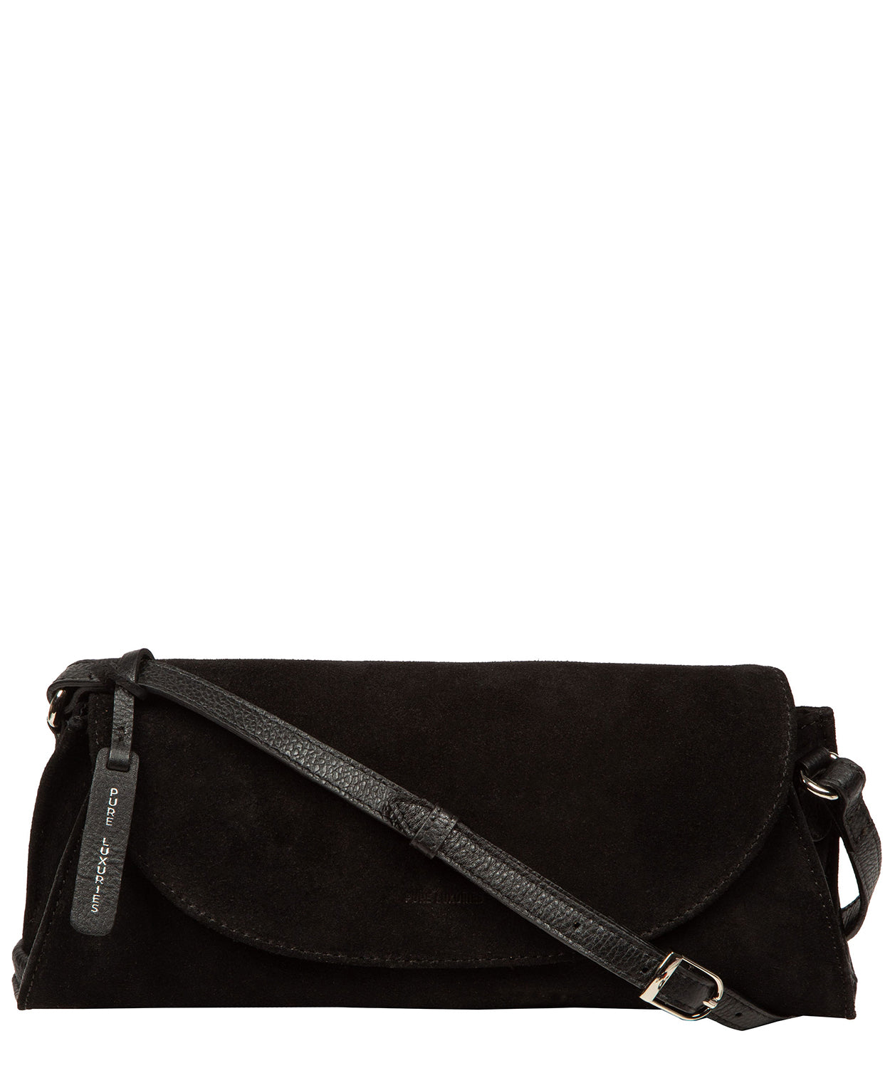 Pure Luxuries Rafeena black suede grab bag front view