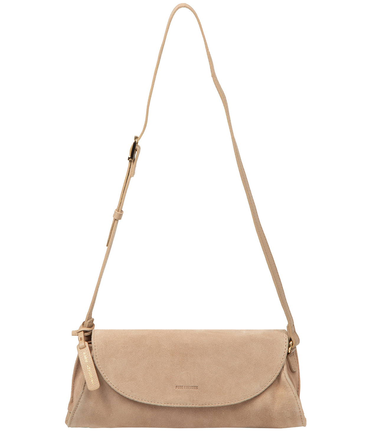 Rafeena grab bag side profile showing leather shoulder strap and gold hardware