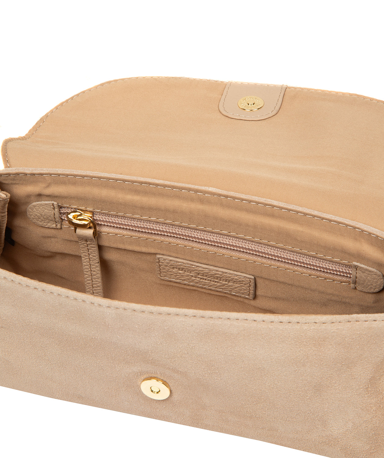 Rafeena suede grab bag showing fold-over top and leather trim detailing