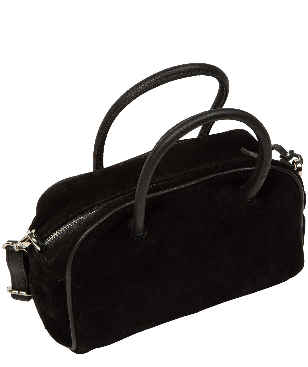 Black suede evening bag side profile with adjustable strap