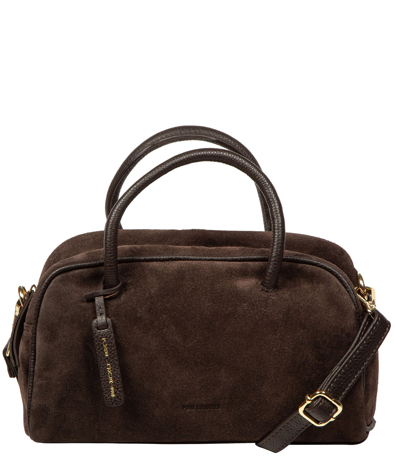 Faith bag espresso suede with leather trim and gold zips