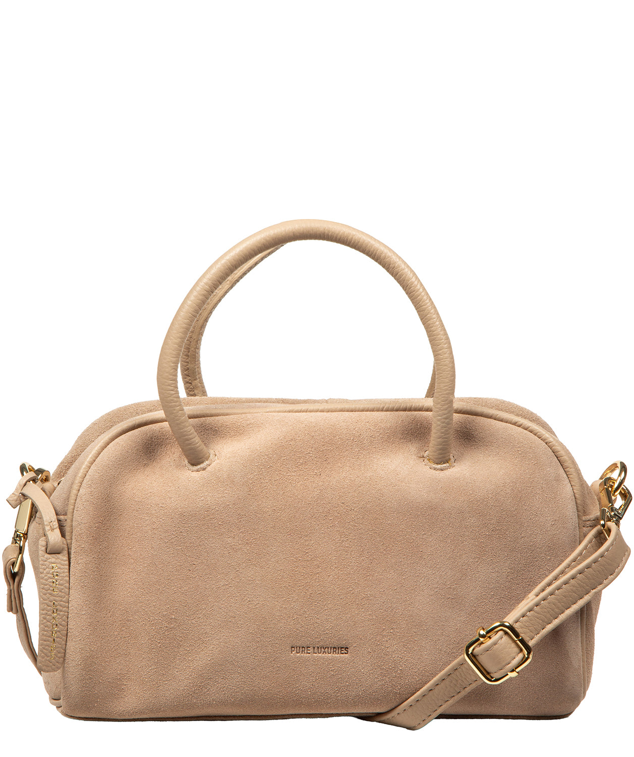 Faith bag latte suede with leather trim and gold hardware