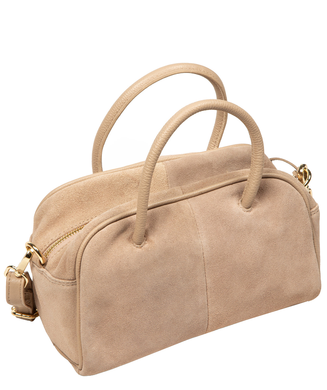 Dual rounded handles and adjustable crossbody strap detail