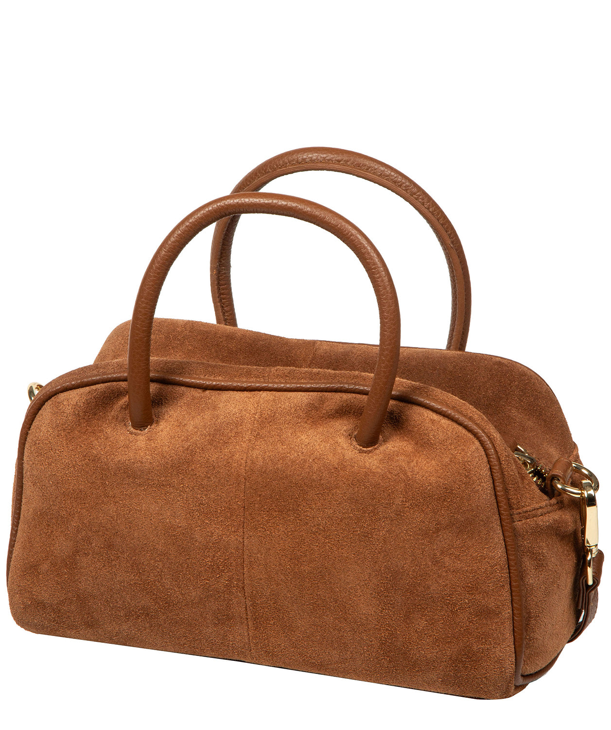 Tan suede evening bag with dual rounded handles detail