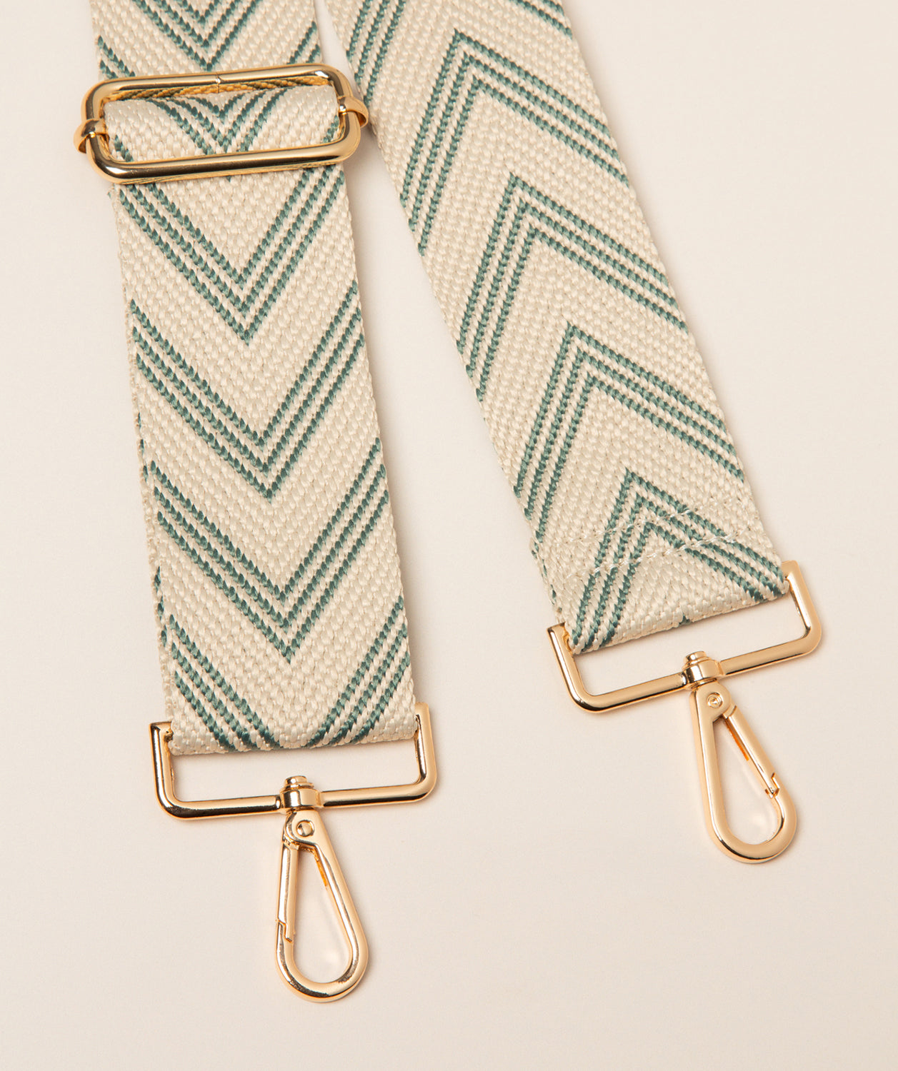 Pure Luxuries sage green and cream chevron canvas bag strap with gold hardware