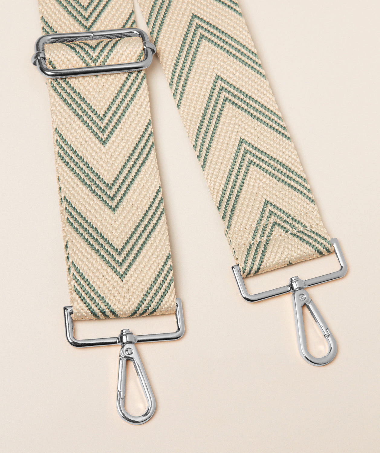 Pure Luxuries sage green and cream canvas chevron bag strap with silver hardware