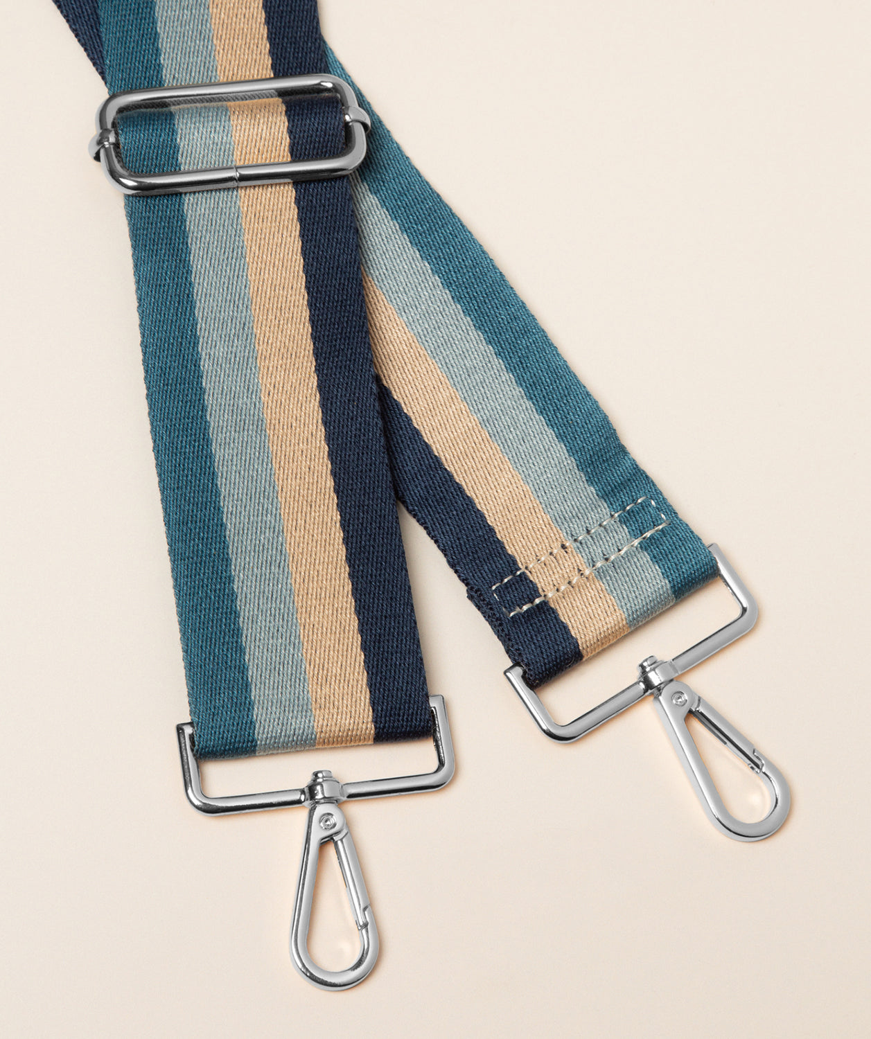 Pure Luxuries blue heritage striped canvas bag strap with silver hardware