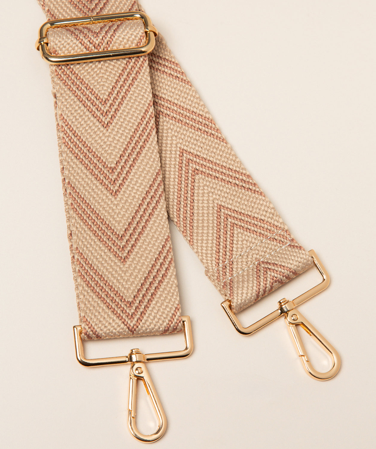 Pure Luxuries dusty pink and cream canvas chevron bag strap with gold fittings