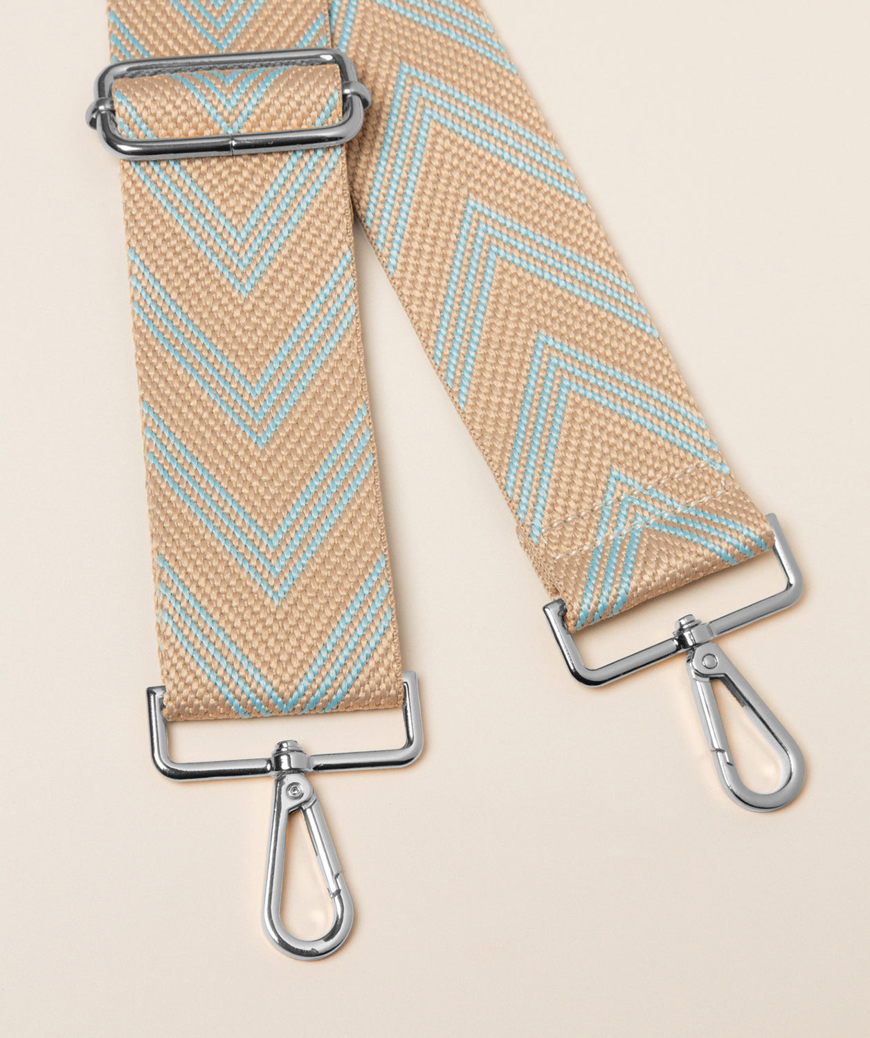 Pure Luxuries sky blue and cream chevron canvas adjustable bag strap with silver fittings