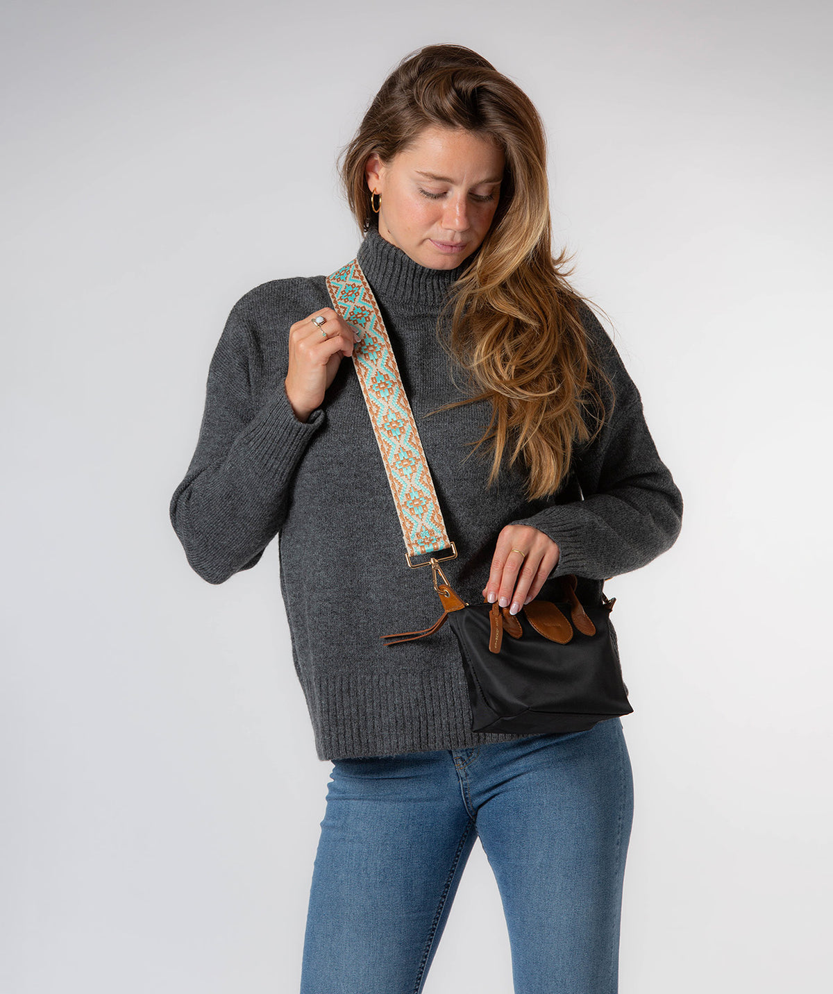 Strap Light Blue, Tan and Cream Aztec Mix with Gold Fittings