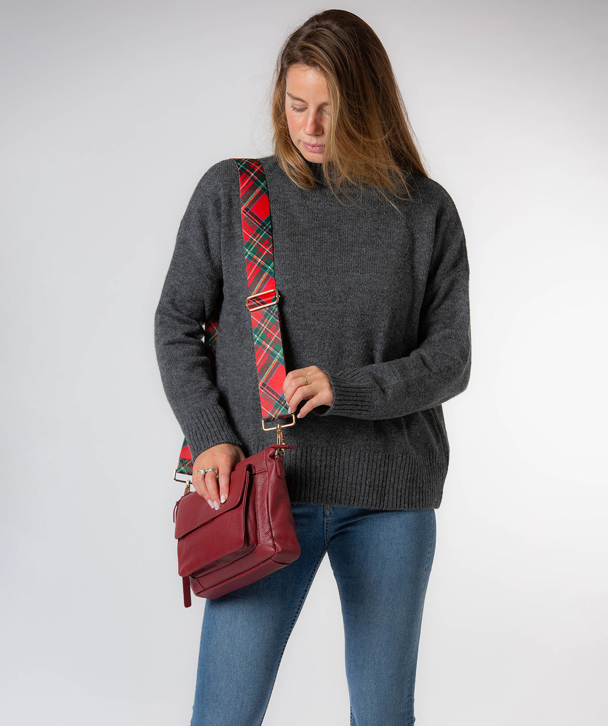 Strap Red and Green Tartan Mix with Gold Fittings