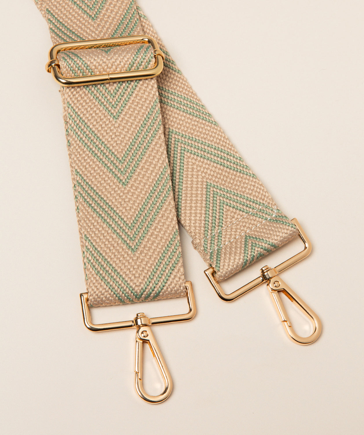 Pure Luxuries canvas chevron bag strap misty teal cream gold fittings