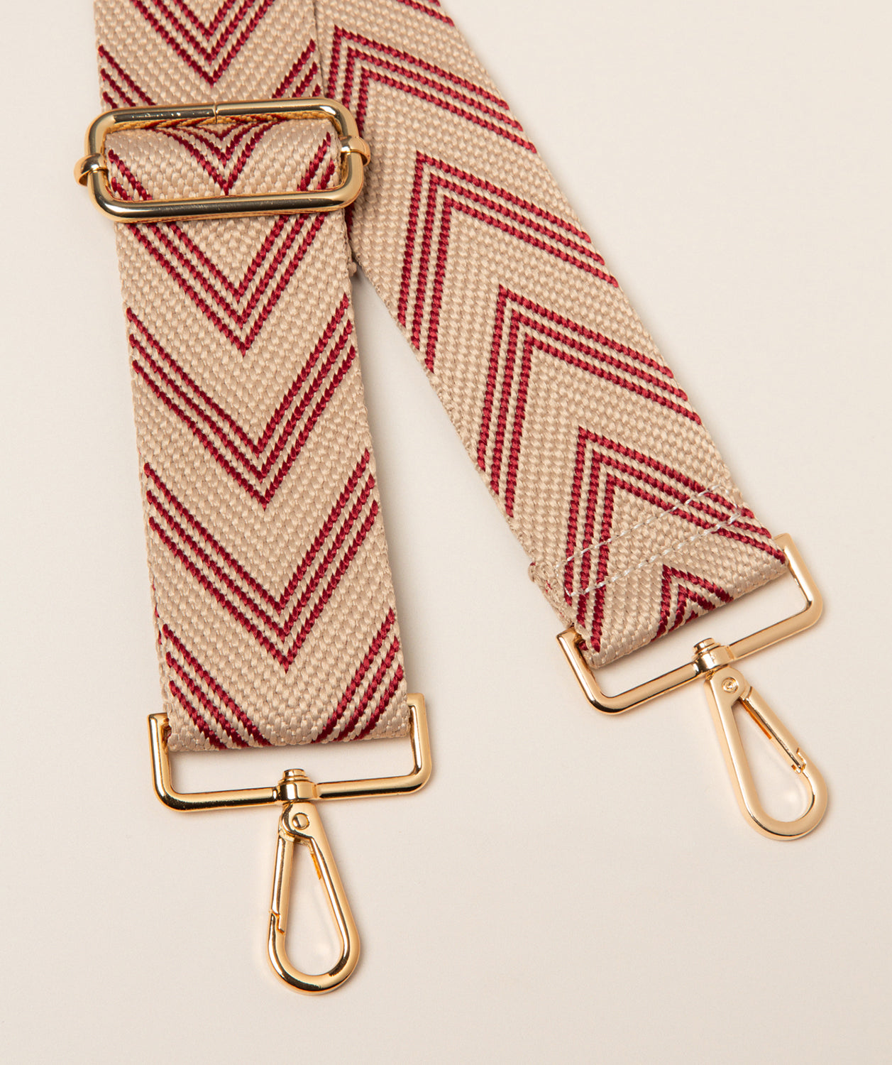 Pure Luxuries maroon and cream chevron canvas bag strap with gold hardware