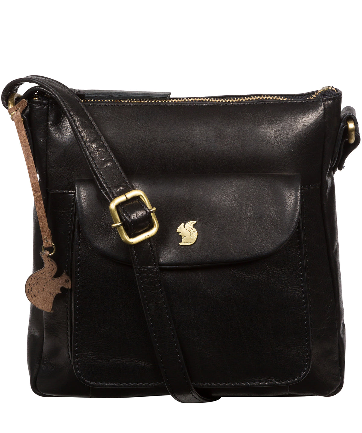 Conkca London Shona black leather crossbody bag front view