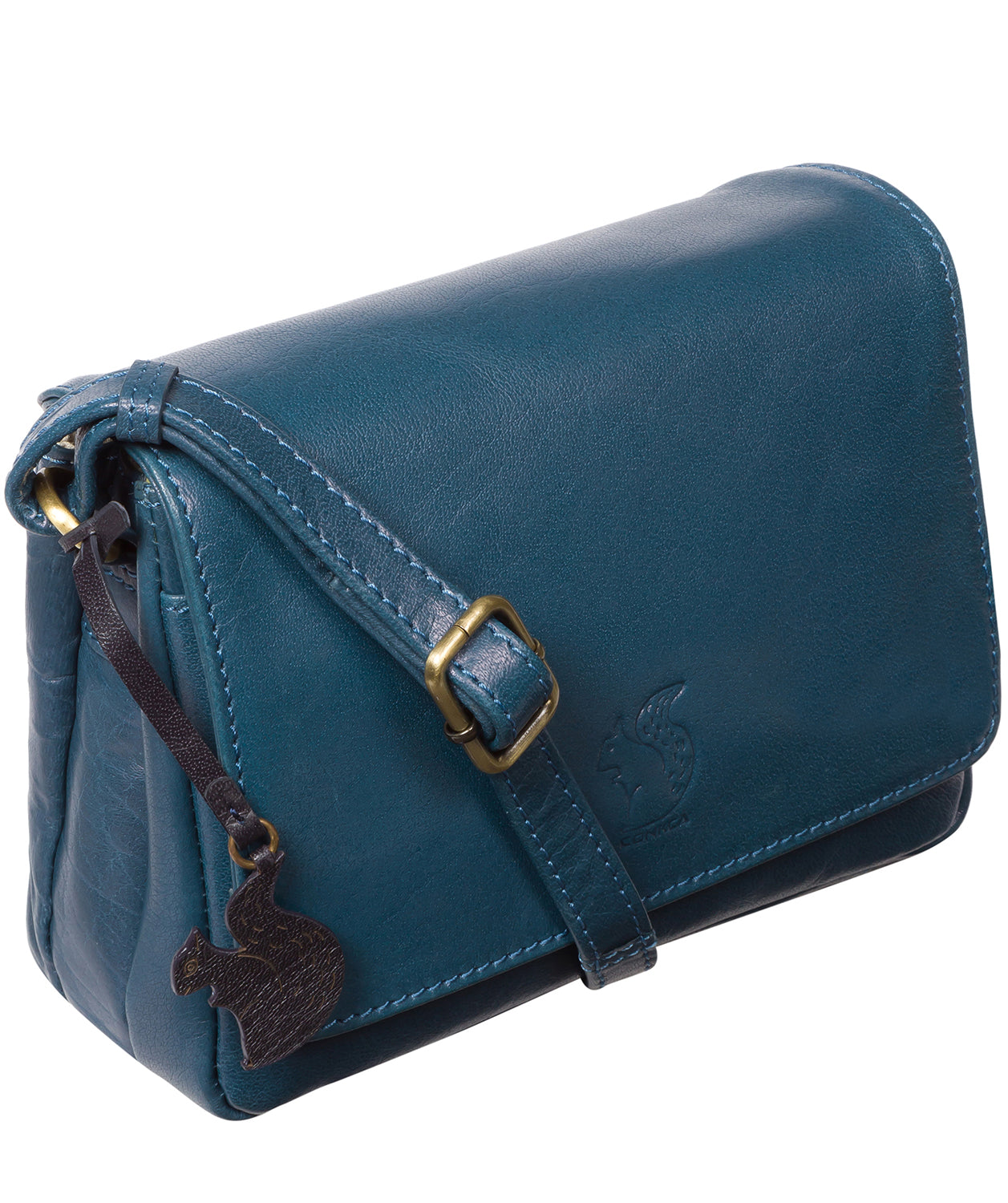 Close-up of multi-toned snorkel blue leather and hardware detail