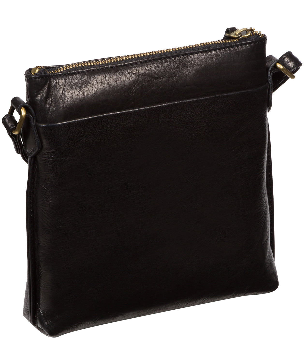 Interior pocket and leather detail of black crossbody bag