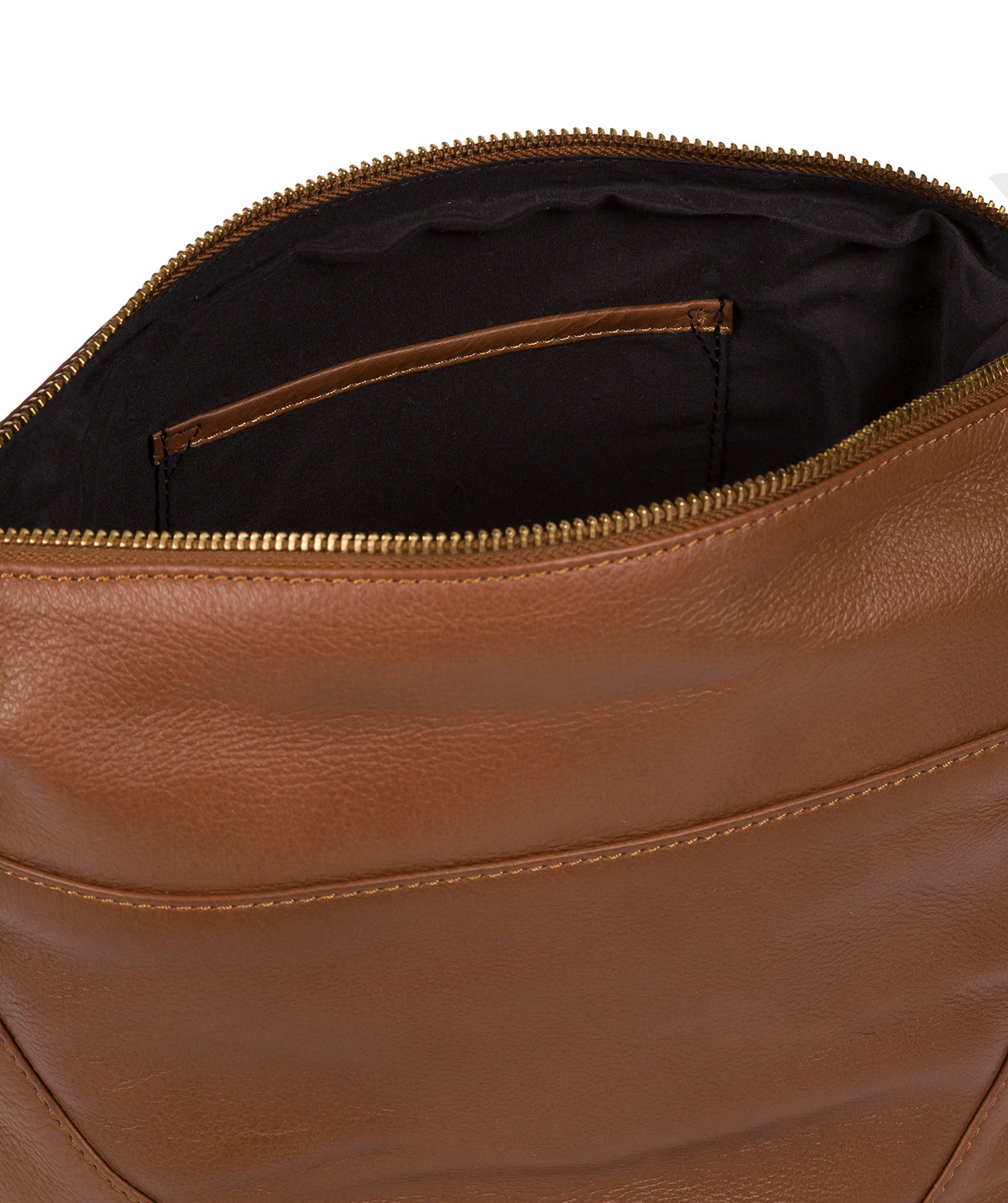 Dark tan leather shoulder bag interior pocket detail