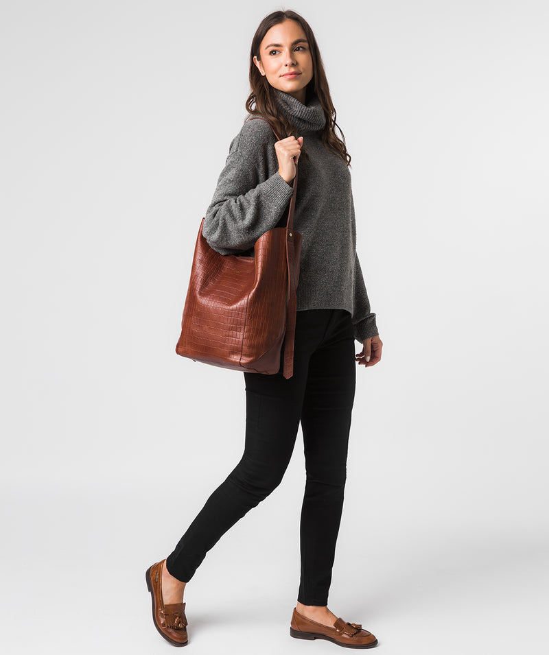 'Harrow' Chestnut Croc Leather Shoulder Bag