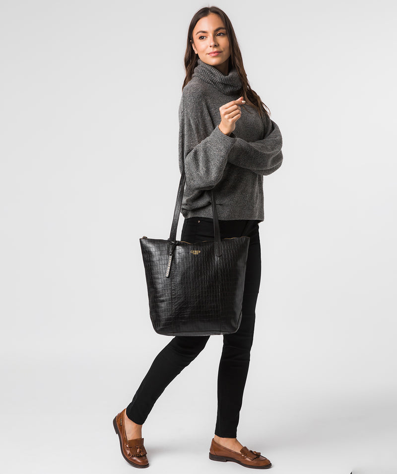 'Havering' Black Croc Leather Tote Bag