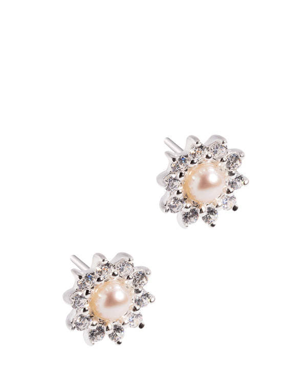 Gift Packaged 'Dubois' Sterling Silver & Cubic Zirconia Cluster and White Pearl Stud Earrings