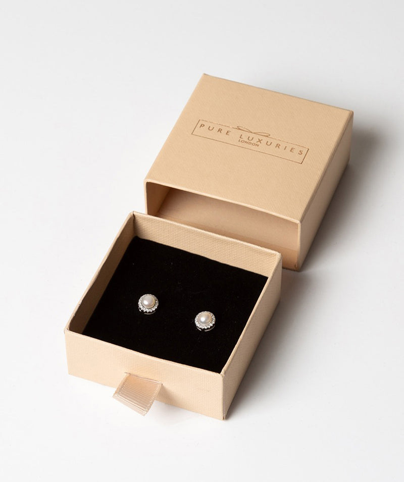 'Hecate' Rhodium Plated Sterling Silver Pearl & CZ Stud Earrings Pure Luxuries London