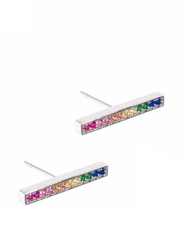 Gift Packaged 'Doleres' Sterling Silver with Multi-Coloured Cubic Zirconias Bar Stud Earrings