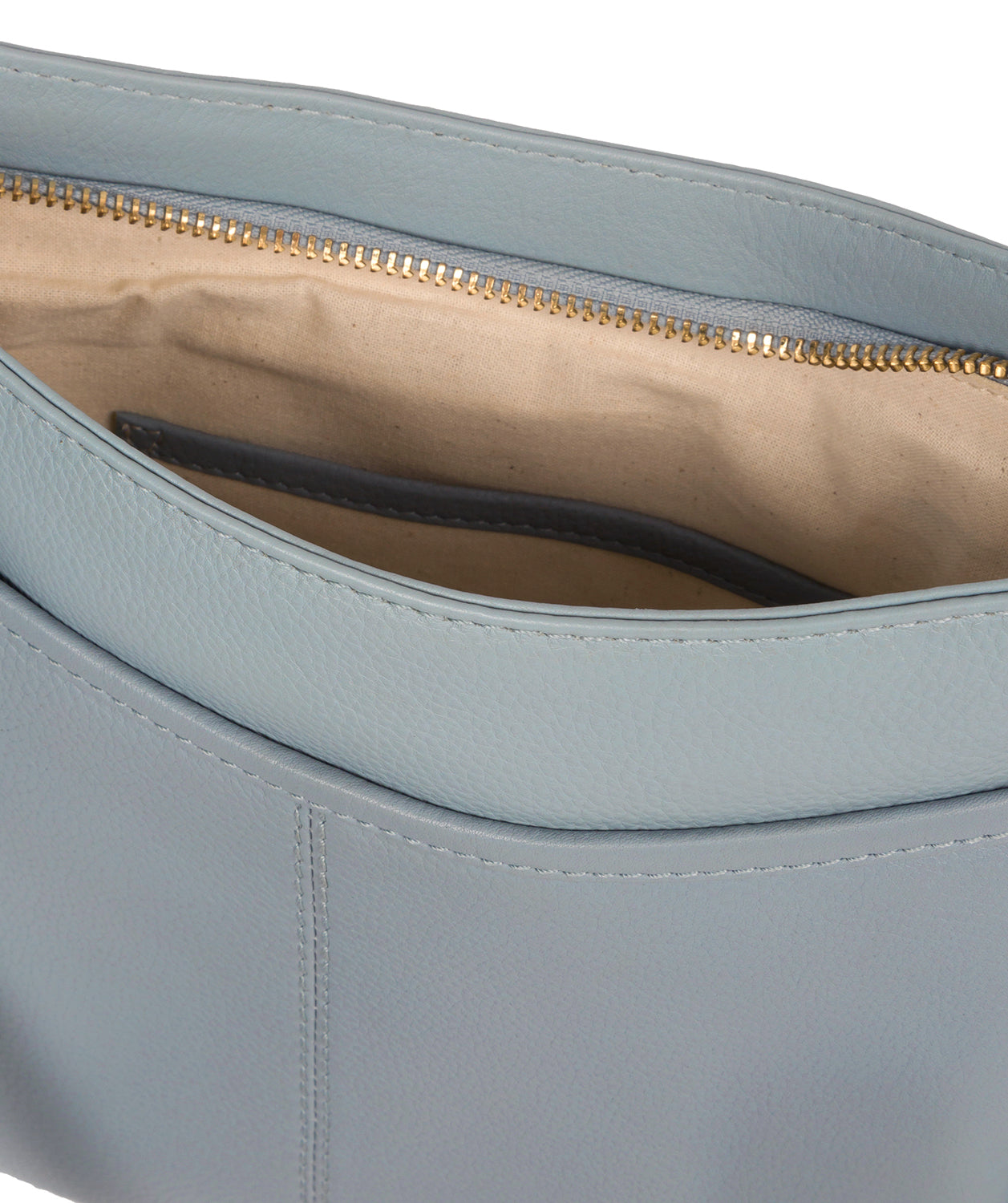 Top zip-over closure and leather charm detail