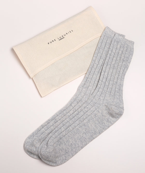 'Dalton' Foggy Large Cashmere and Merino Wool Ribbed Socks