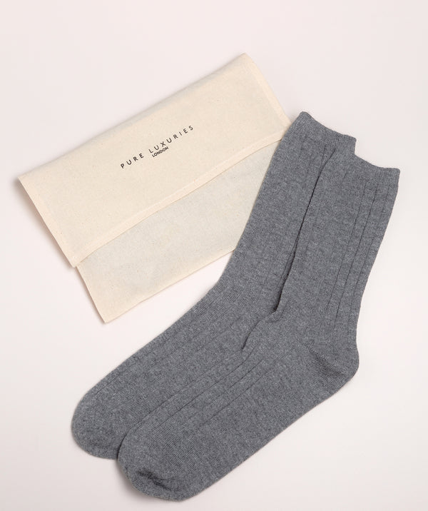'Keswick' Grey Medium Cashmere and Merino Wool Ribbed Socks