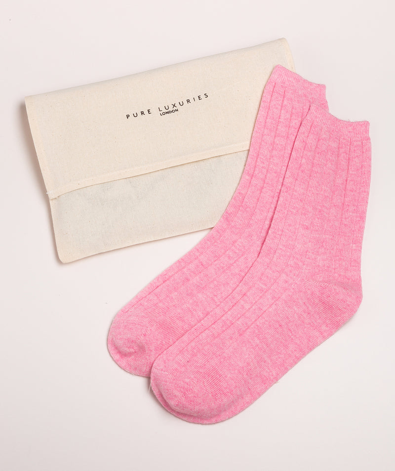 'Cartmel' Carnation Pink Cashmere & Merino Wool Ribbed Socks