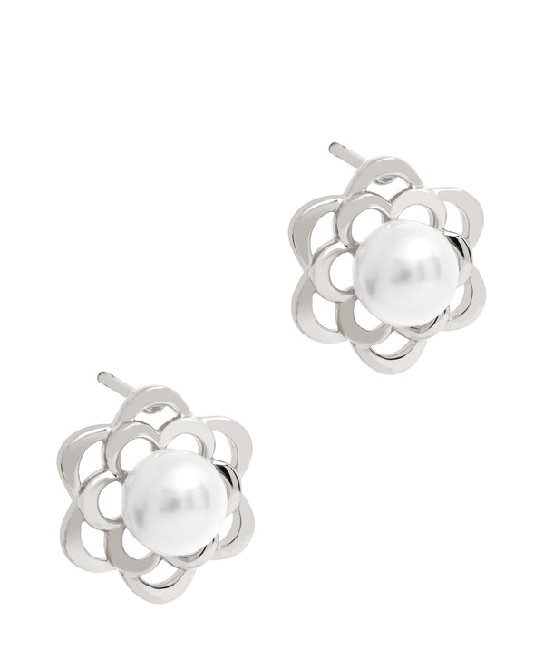 Gift Packaged 'Heeb' Rhodium Plated 925 Silver and Freshwater Pearl Flower Stud Earrings