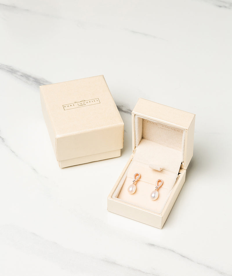 Gift Packaged 'Spencer' 18ct Rose Gold Plated 925 Silver Cubic Zirconia Pearl Earrings