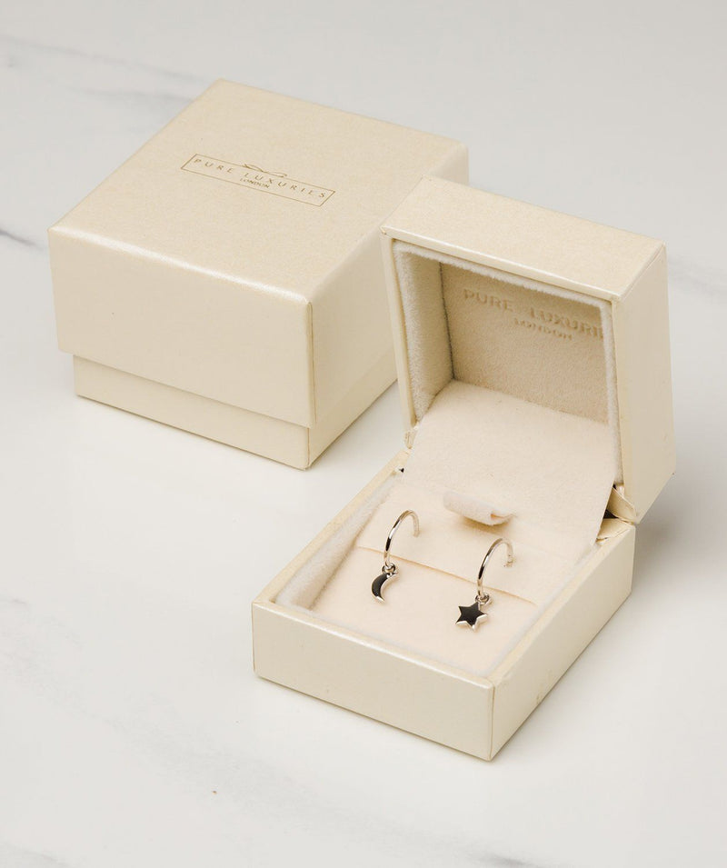 Gift Packaged 'Jacqueline' Rhodium Plated 925 Silver Star & Moon Hoop Earrings