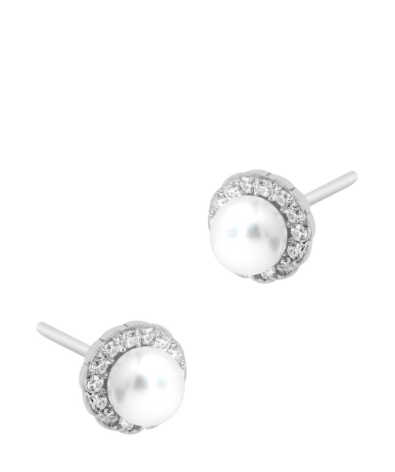 'Tara' Rhodium Plated 925 Silver and Freshwater Pearl with Cubic Zirconia Halo Stud Earrings Pure Luxuries London