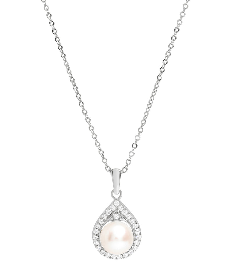 Gift Packaged 'Montserrat' Rhodium Plated 925 Silver Cubic Zirconia & Pearl Teardrop Pendant Necklace