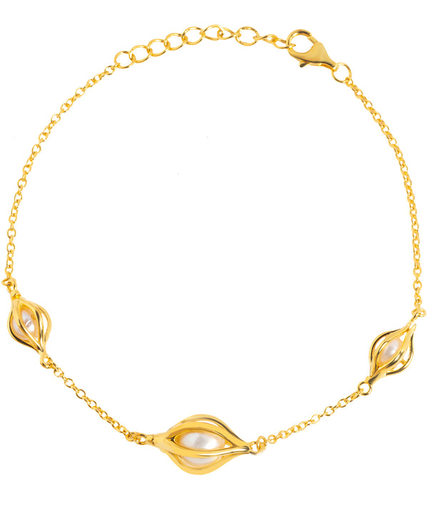 Gift Packaged 'Lucy' 18ct Yellow Gold 925 Silver & Freshwater Pearl Caged Bracelet
