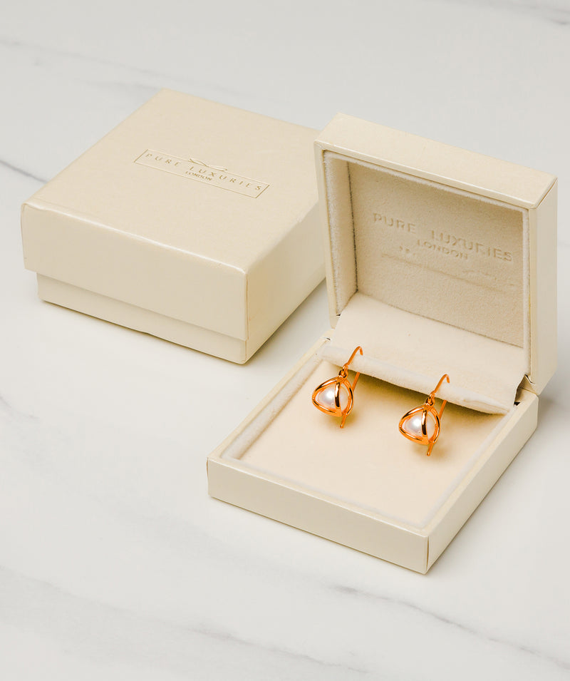 Gift Packaged 'Sandra' 18ct Rose Gold Plated Sterling Silver Caged Freshwater Pearl Earrings