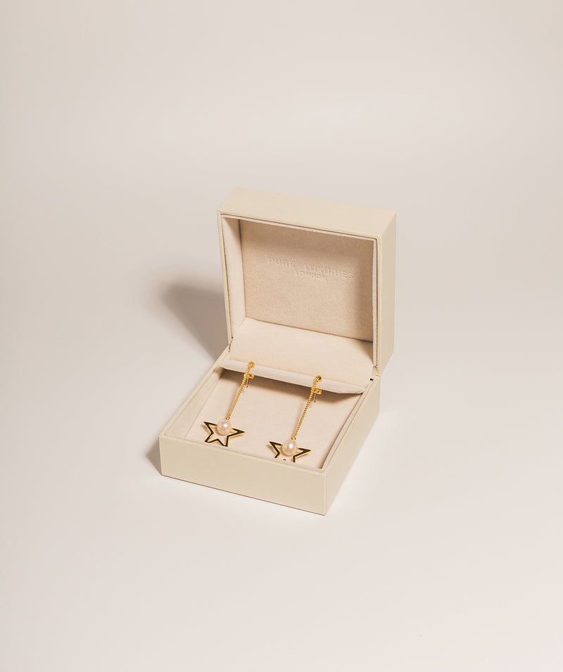 Gift Packaged 'Clementine' 18ct Yellow Gold Plated 925 Silver and Freshwater Pearl Star Drop Earrings