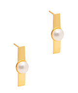 Gift Packaged 'Kitty' 18ct Yellow Gold Plated 925 Silver Linear Bar & Freshwater Pearl Earrings