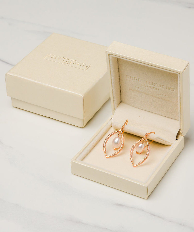 Gift Packaged 'Dorothy' 18ct Rose Gold Plated Sterling Silver Teardrop Framed Freshwater Pearl Earrings