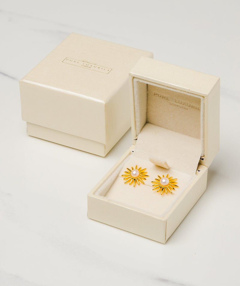 Gift Packaged 'Valerie' 18ct Yellow Gold Plated Sterling Silver Freshwater Pearl Sunburst Earrings