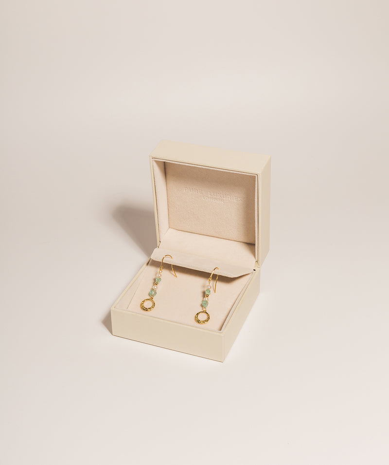 Gift Packaged 'Millicent' 18ct Yellow Gold Plated 925 Silver Green Gem Stone and Pearl Drop Earrings