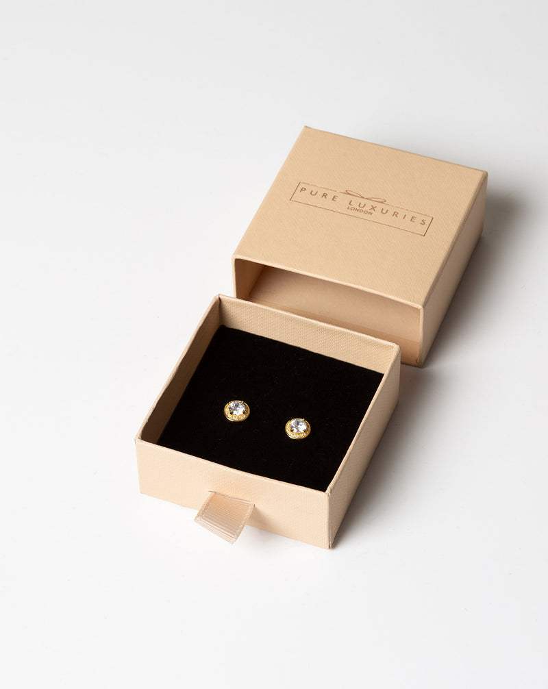 Gift Packaged 'Eos' Yellow Gold Plated Sterling Silver with Round Halo Cubic Zirconia Stud Earrings
