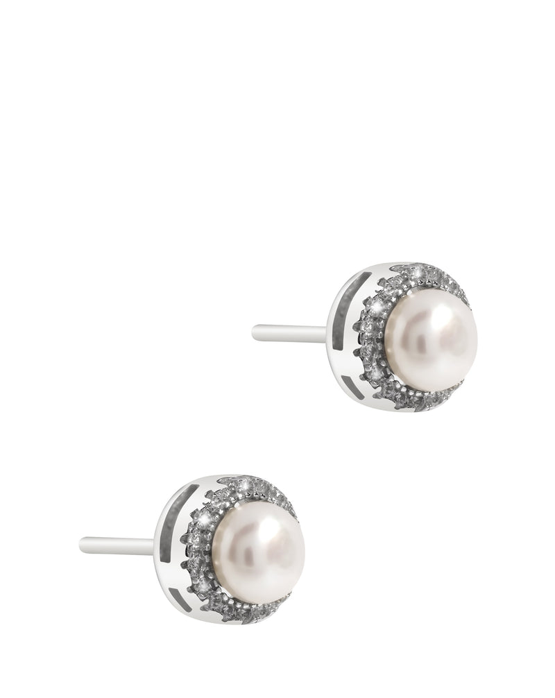 Gift Packaged 'Atropos' Sterling Silver with Rhodium Plated Cubic Zirconias and Freshwater Pearl Stud Earrings